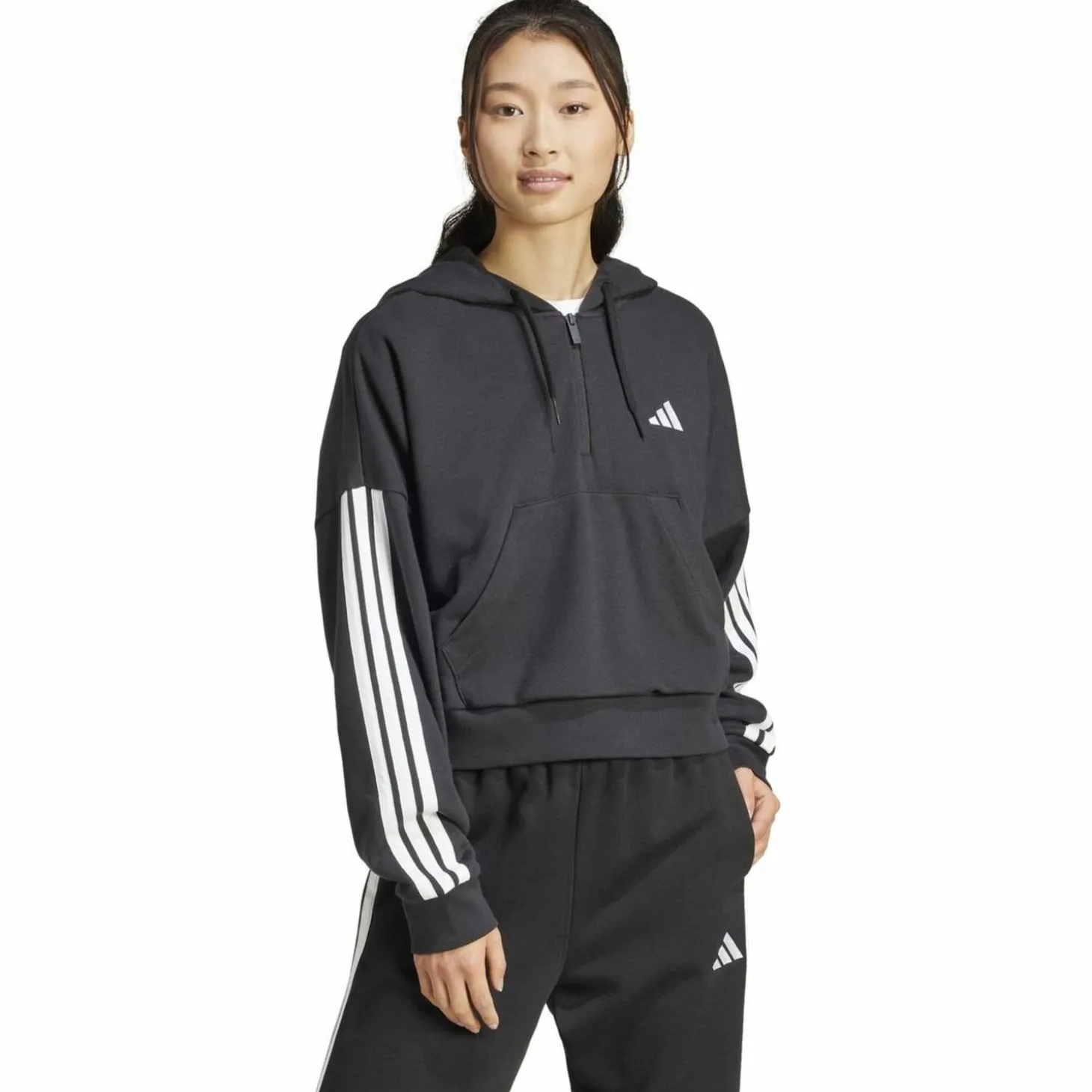 Essentials 3-Streifen French Terry Quarter-Zip Damen Kapuzensweater